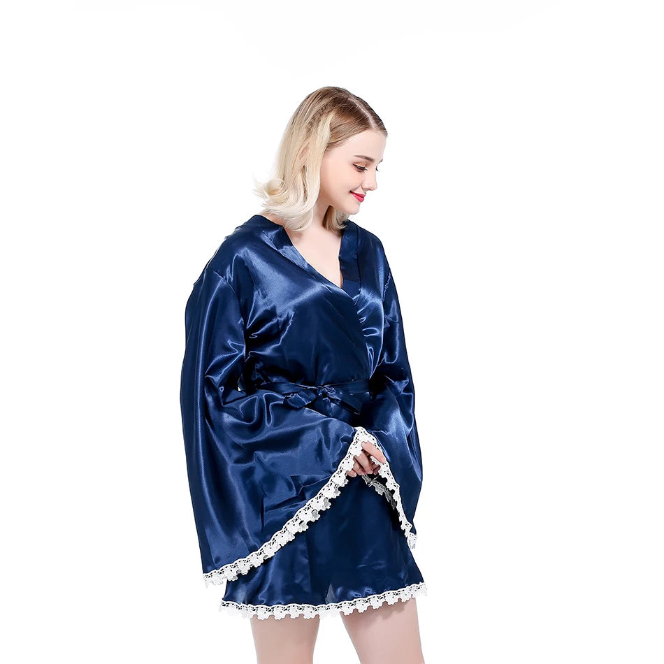 Peignoir - kimono femme avec dentelle blanche - bleu marine / universelle