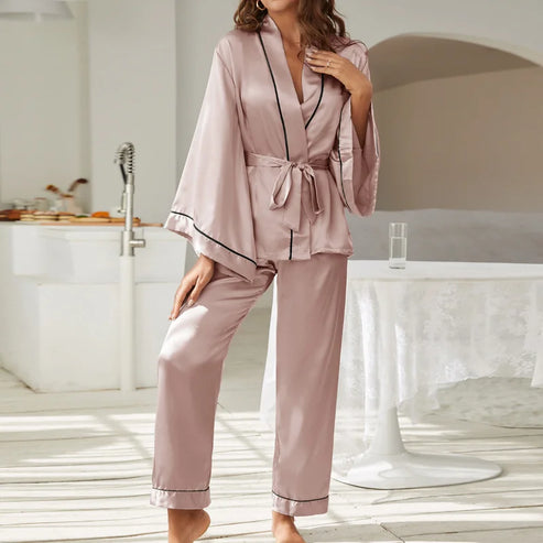 Pyjama deux pièces en satin à manches larges - rose / s