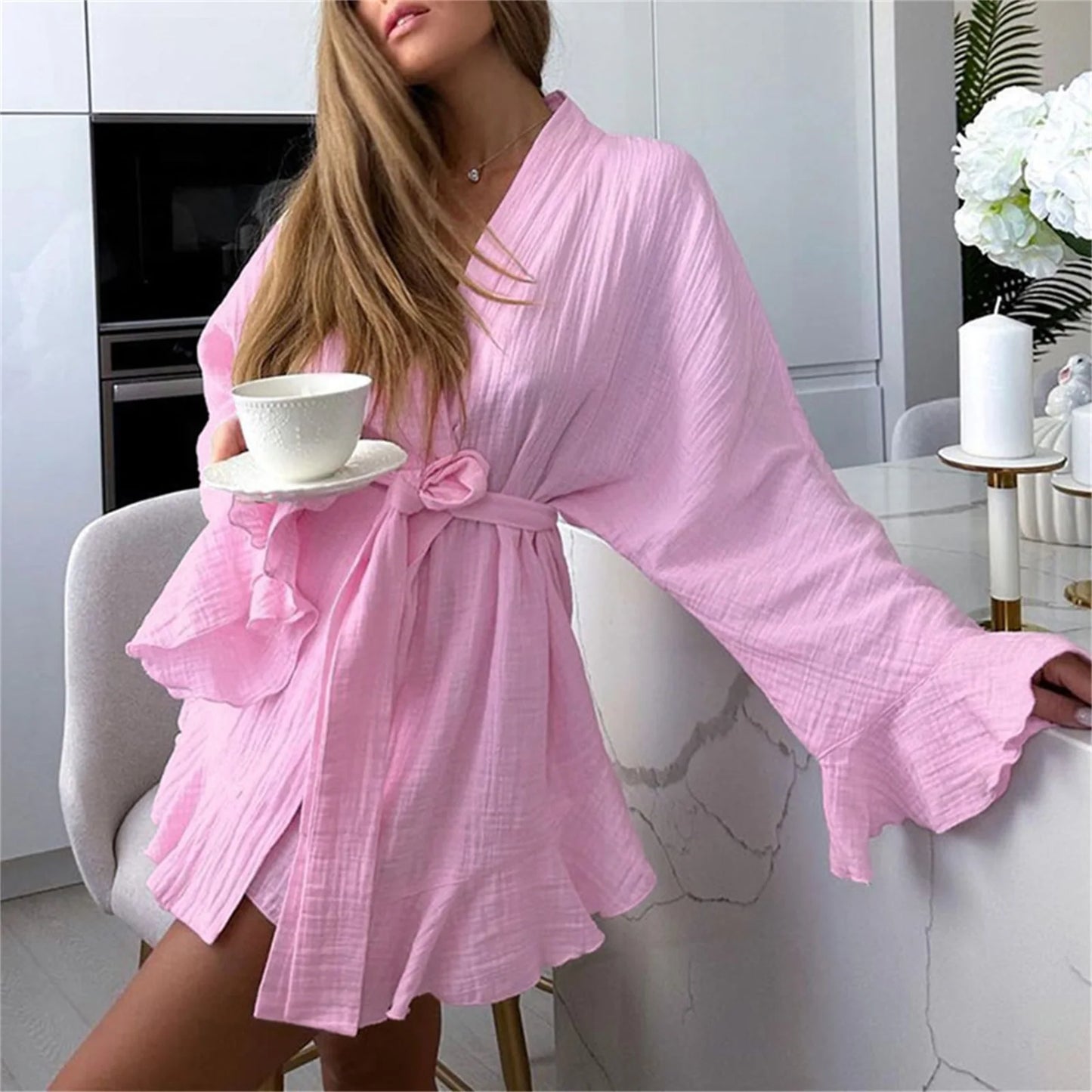 Pyjama femme deux pièces en coton à volants - rose / s