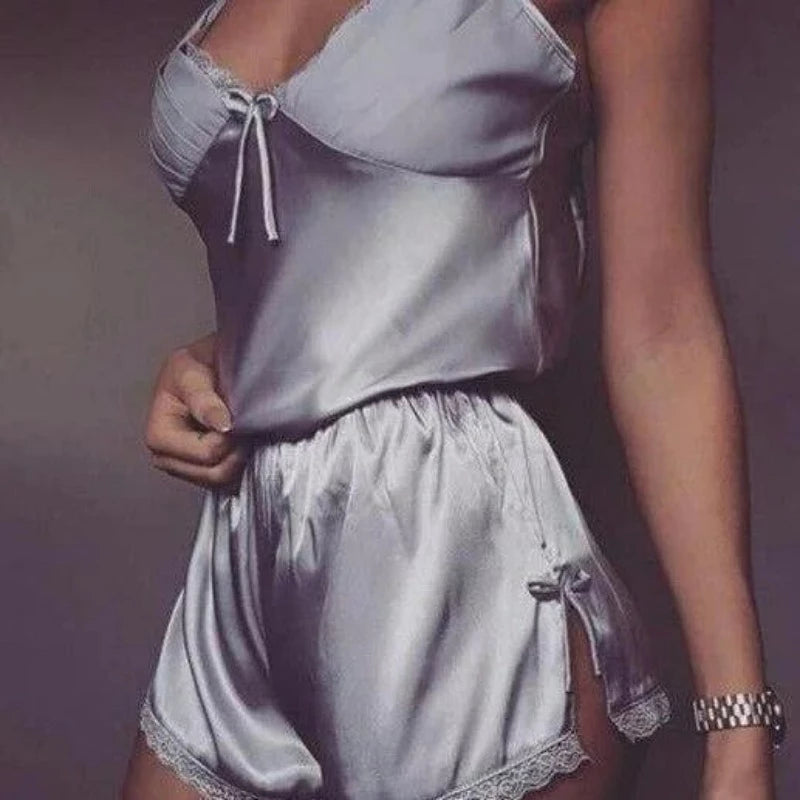 Argenté Pyjama Femme Sensuelle - Satin avec Dentelle