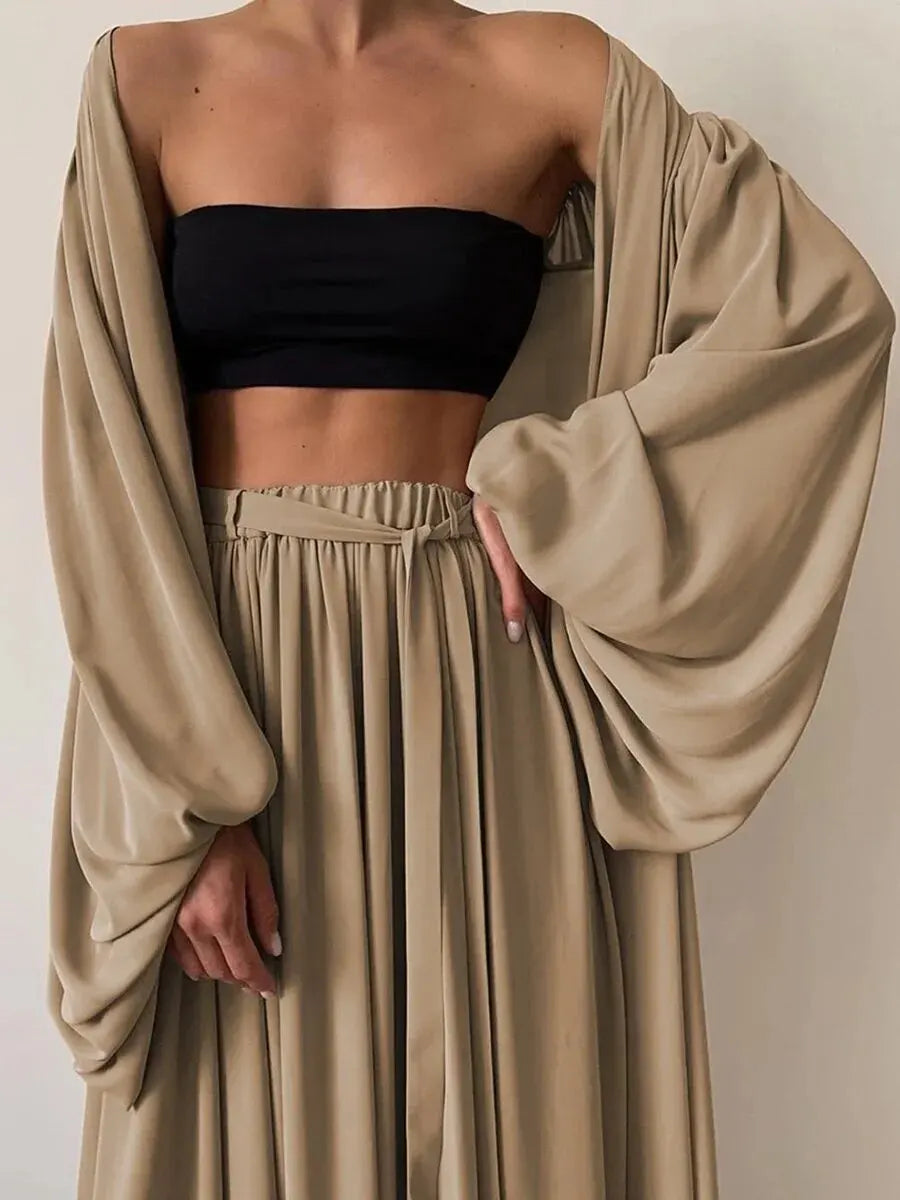 Beige Ensemble décontracté de vêtements de maison en 3 pièces avec pantalon long et peignoir
