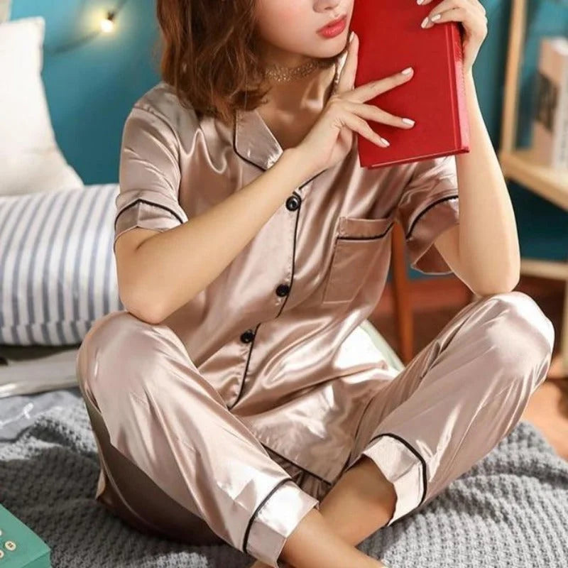 Beige Pyjama Classique à Manches Courtes pour Femme