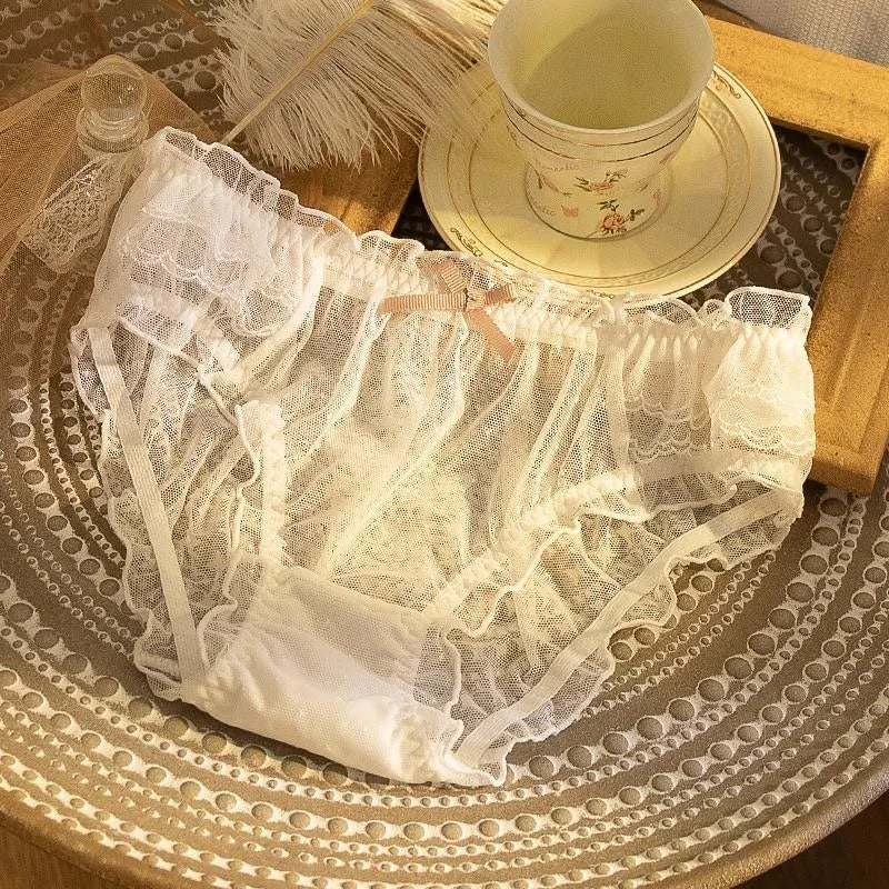 Blanc Culotte en Dentelle Respirante avec Nœud