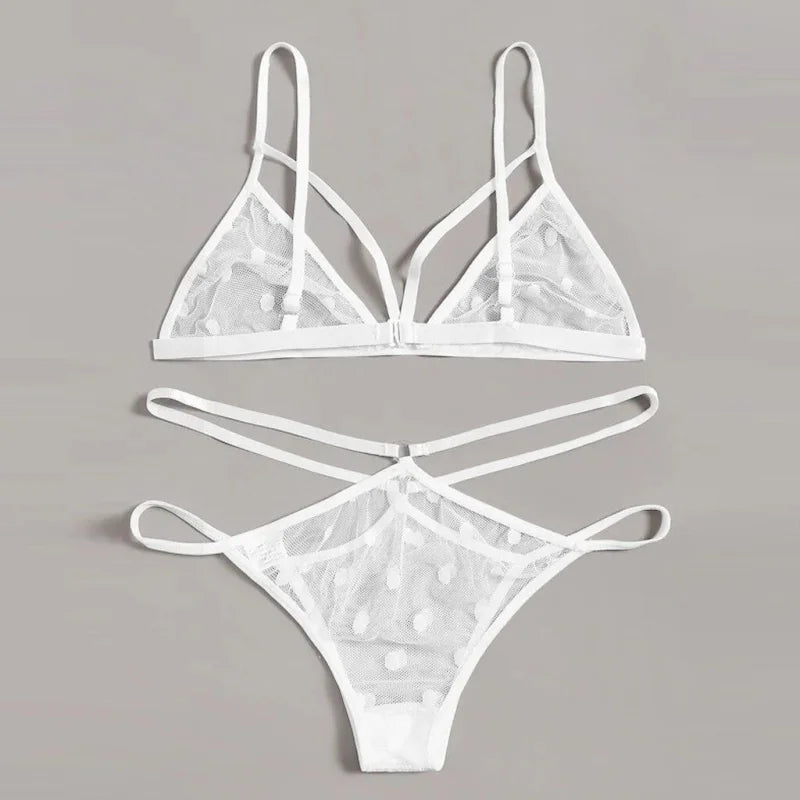 Blanc Lingerie Sexy en Dentelle à Pois - Ensemble 2 Pièces
