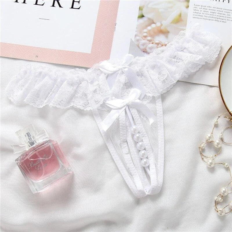 Blanc String en Dentelle avec de Jolies Perles