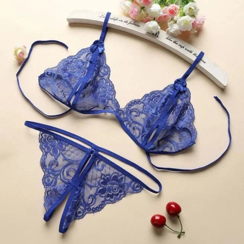 Bleu Lingerie Sexy avec Fente - Ensemble 2 Pièces
