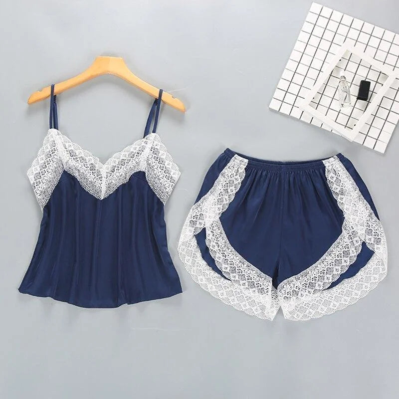 Bleu marine Pyjama Femme - Dentelle Décorative Blanche