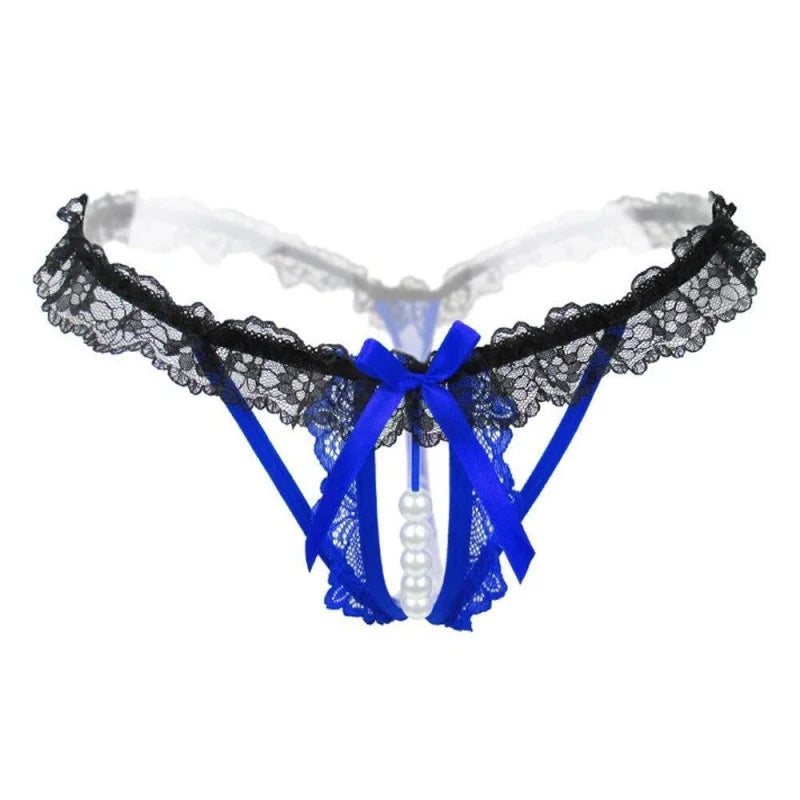 Bleu String en Dentelle et Perles Décoratives