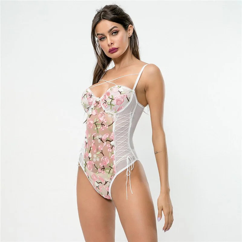 Body en dentelle à fleurs brodées