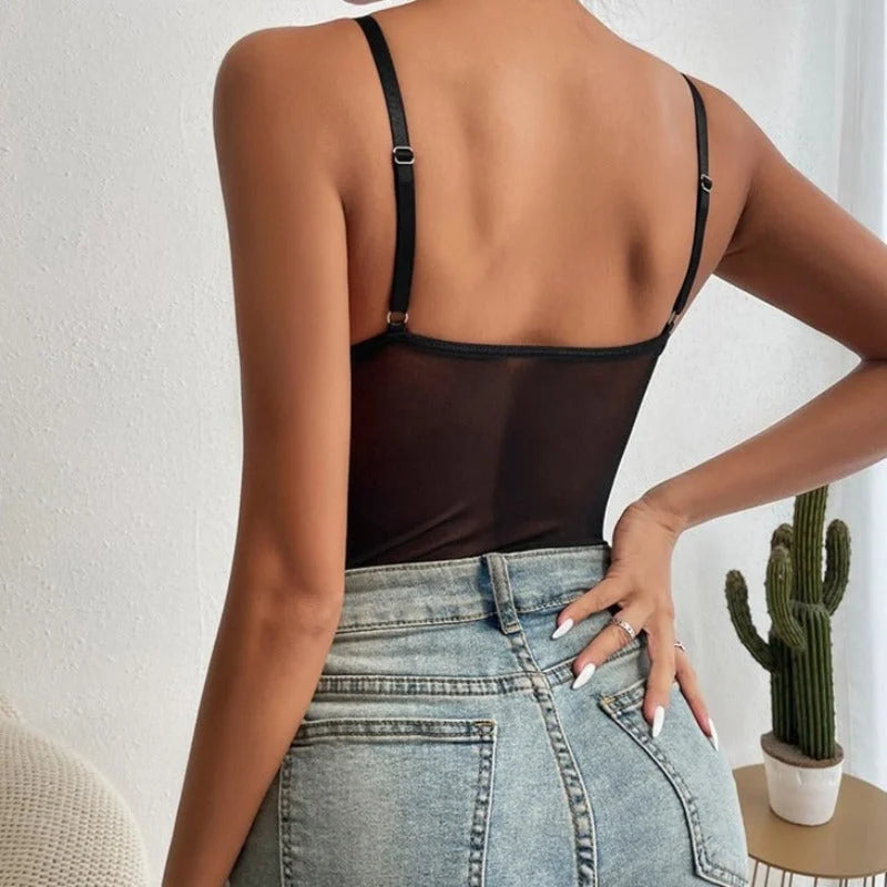 Body en Dentelle Transparente avec Motif de Fleurs