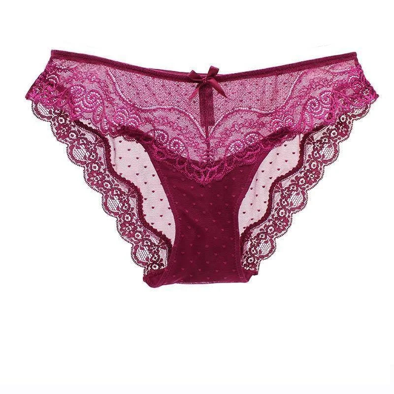 Bordeaux Culotte Transparente en Dentelle avec un Nœud