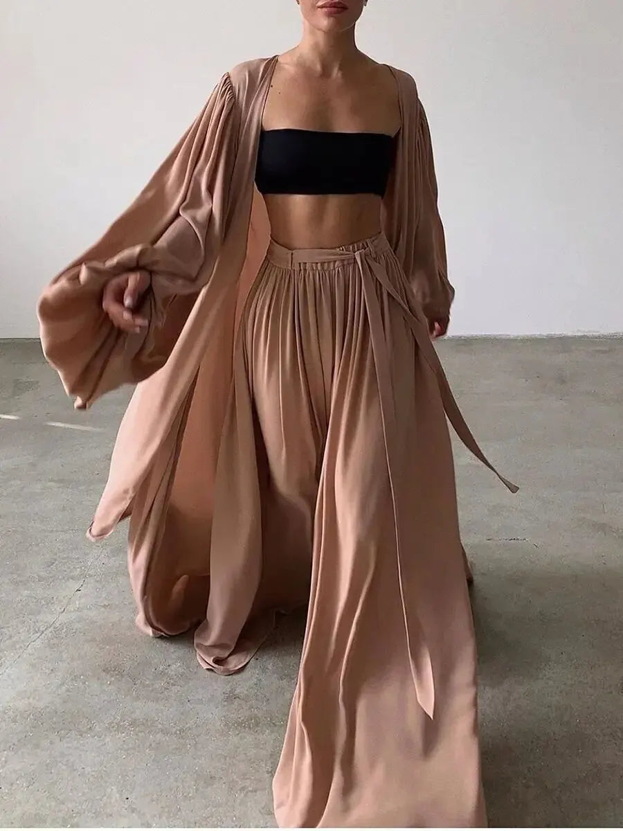 Brun Ensemble décontracté de vêtements de maison en 3 pièces avec pantalon long et peignoir