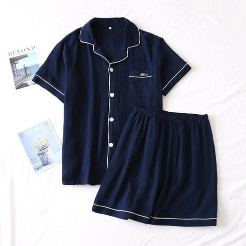 Ensemble pyjama en coton - chemisier et short - bleu marine / m