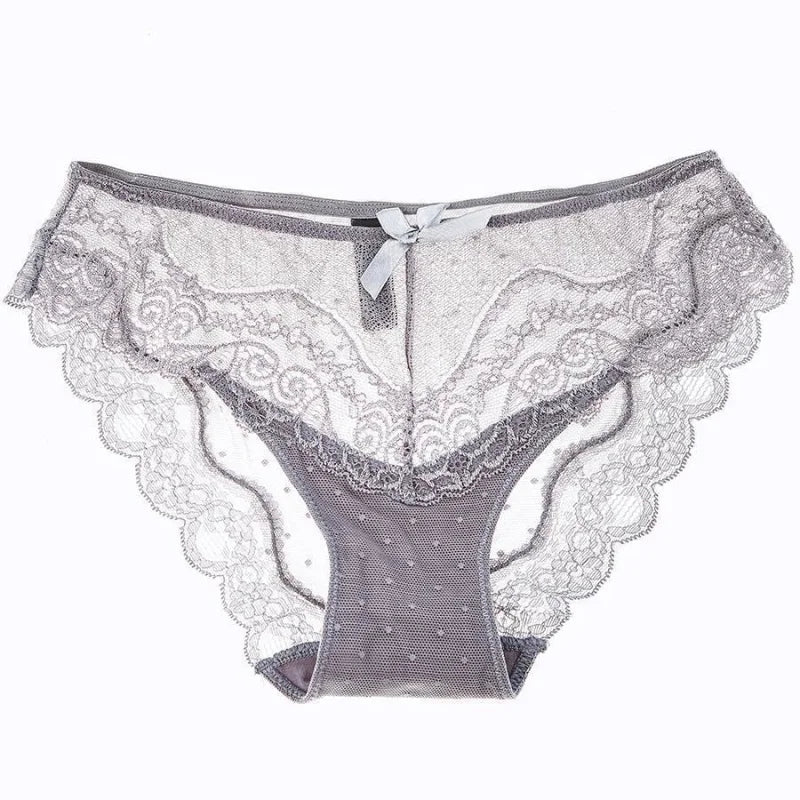 Gris Culotte Transparente en Dentelle avec un Nœud