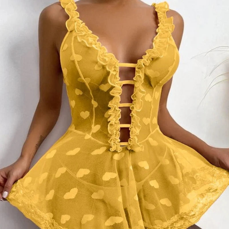 Jaune Chemise de nuit avec coeurs brodés