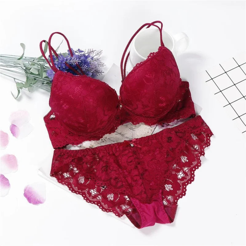 Lingerie sexy en dentelle motif de fleur - ensemble 2 pièces - rouge / 70a