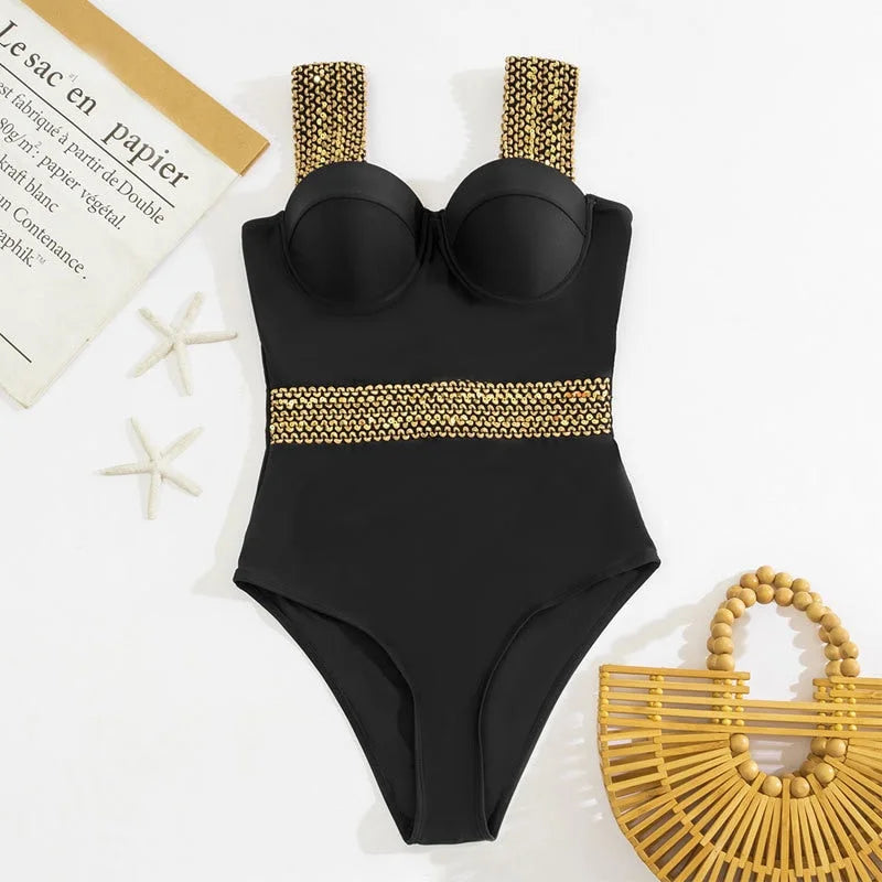 Maillot de bain une pièce push up avec décoration dorée