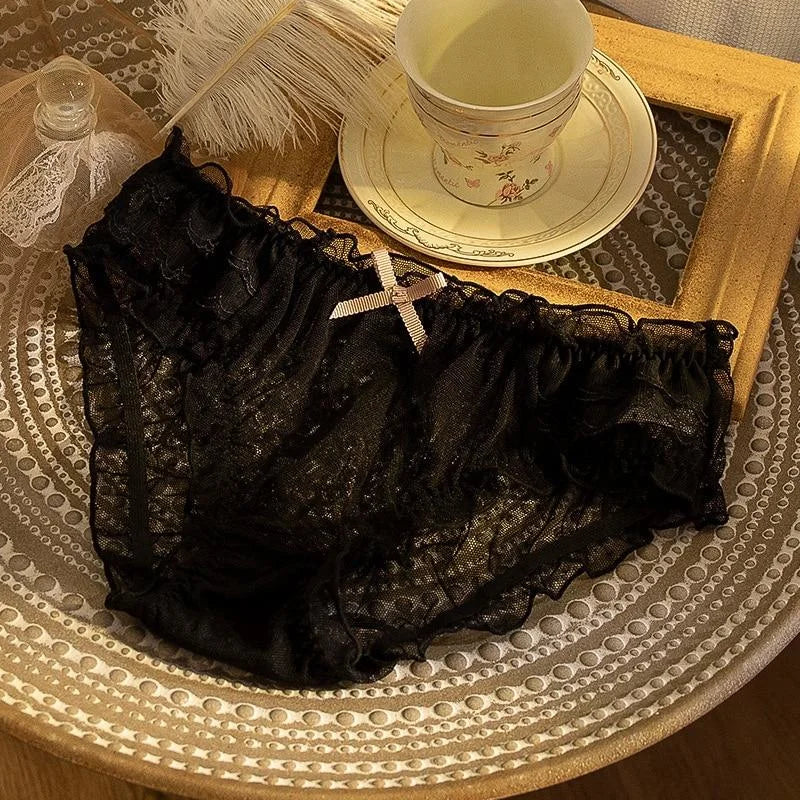 Noir Culotte en Dentelle Respirante avec Nœud