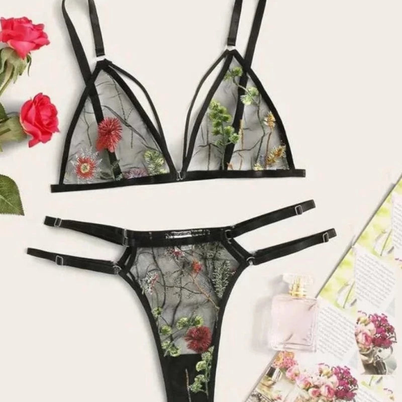Noir Ensemble de Sous-Vêtements - Dentelle Thème Fleurs