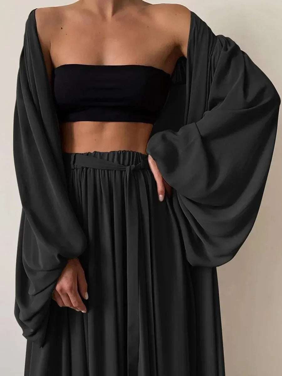 Noir Ensemble décontracté de vêtements de maison en 3 pièces avec pantalon long et peignoir