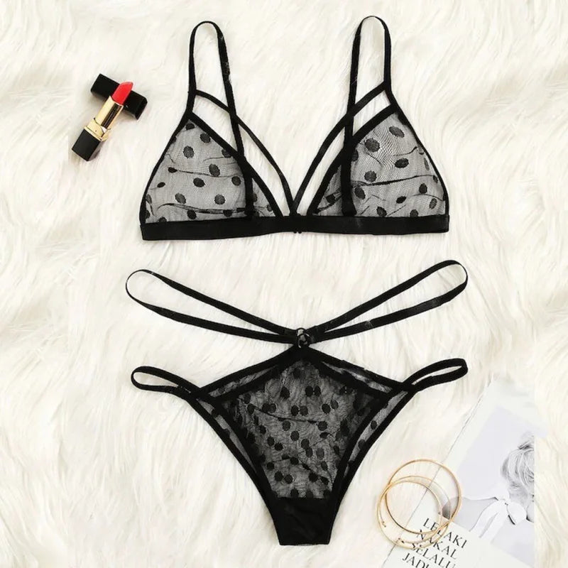 Noir Lingerie Sexy en Dentelle à Pois - Ensemble 2 Pièces