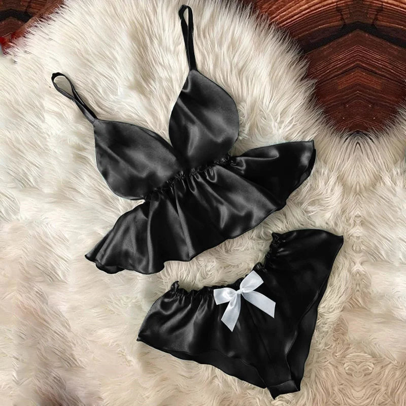 Noir Pyjama Court avec un Nœud - Taille Marquée