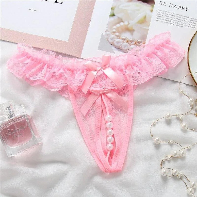 Rose clair String en Dentelle avec de Jolies Perles