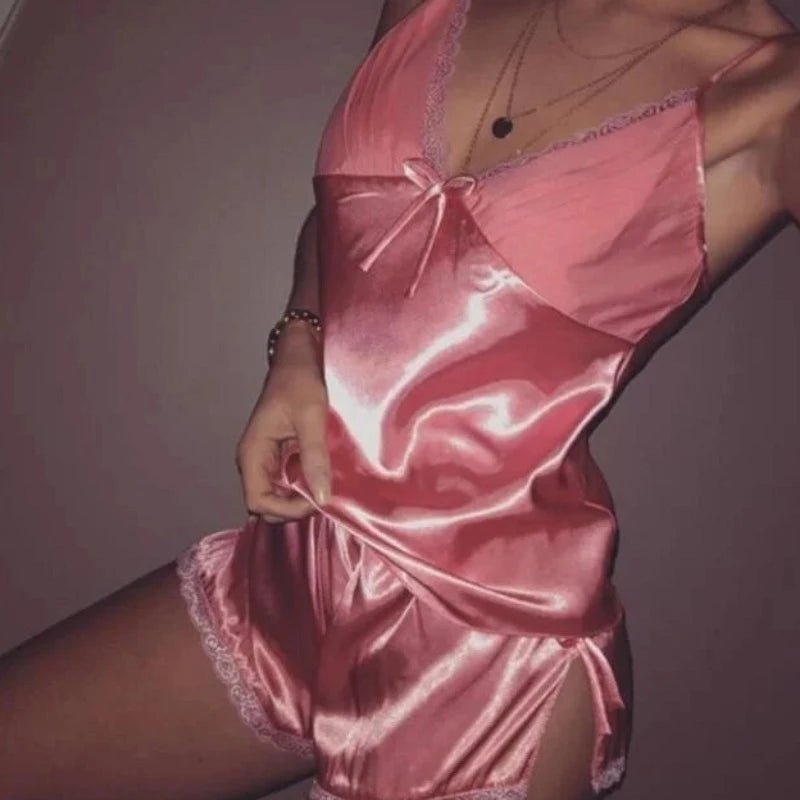 Rose Pyjama Femme Sensuelle - Satin avec Dentelle