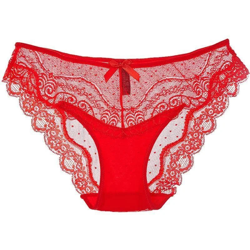 Rouge Culotte Transparente en Dentelle avec un Nœud