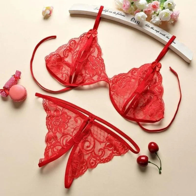 Rouge Lingerie Sexy avec Fente - Ensemble 2 Pièces