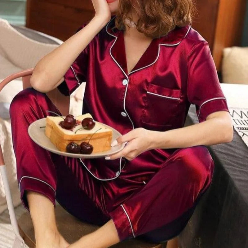 Rouge Pyjama Classique à Manches Courtes pour Femme