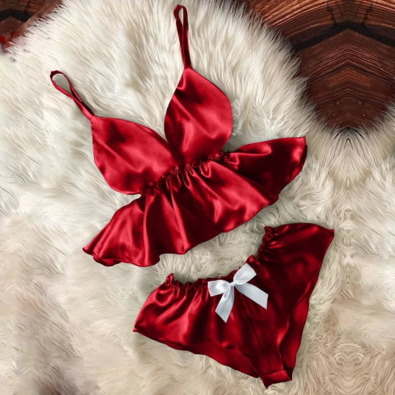 Rouge Pyjama Court avec un Nœud - Taille Marquée