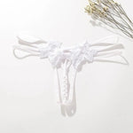 String sexy en dentelle - motif fleuri et perles - blanc / universelle