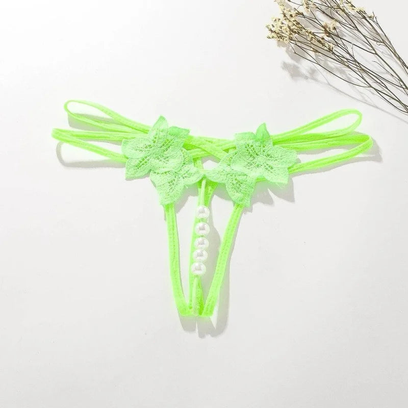 String sexy en dentelle - motif fleuri et perles - vert / universelle
