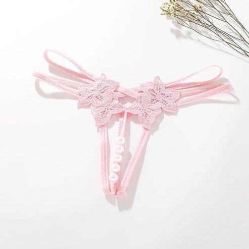 String sexy en dentelle - motif fleuri et perles - rose clair / universelle