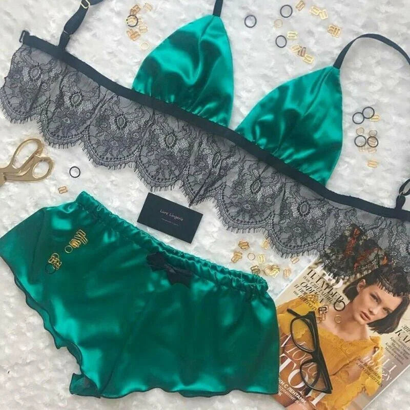 Vert Pyjama Court pour Femme avec Dentelle
