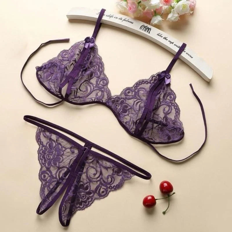 Violet Lingerie Sexy avec Fente - Ensemble 2 Pièces