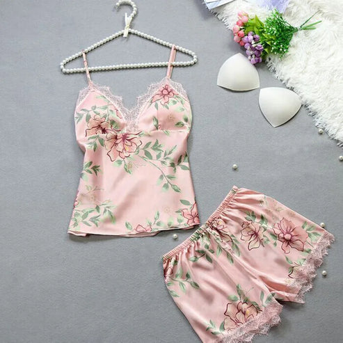 Pyjama fleuri femme - satin imprimé - rose / s
