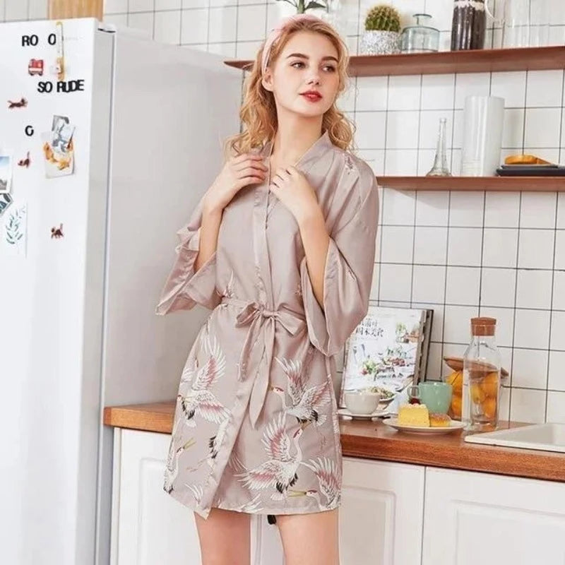 Beige Kimono Femme - avec Motif d'Oiseau