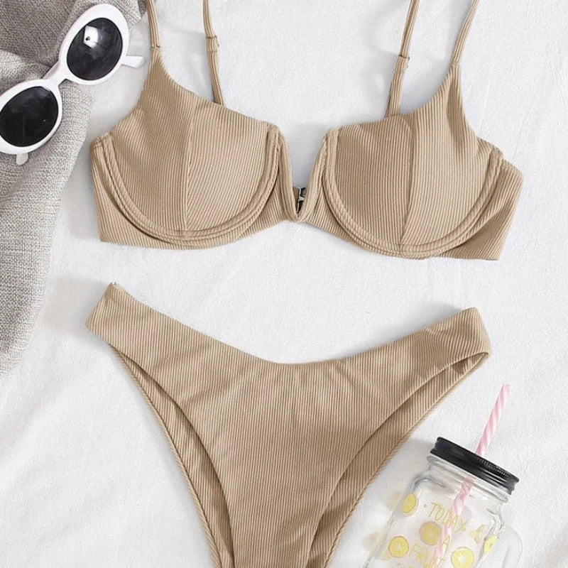 Beige Maillot de bain bikini deux pièces côtelé col V