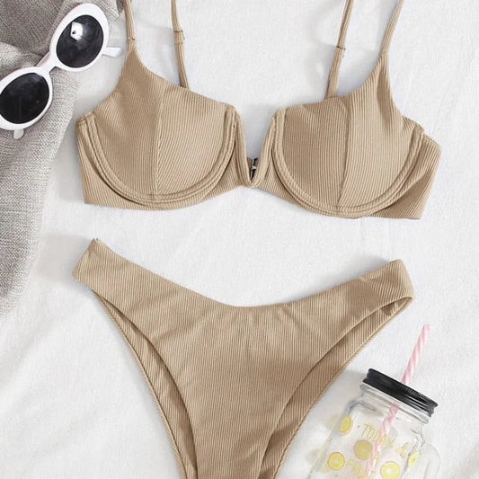 Beige Maillot de bain bikini deux pièces côtelé col V