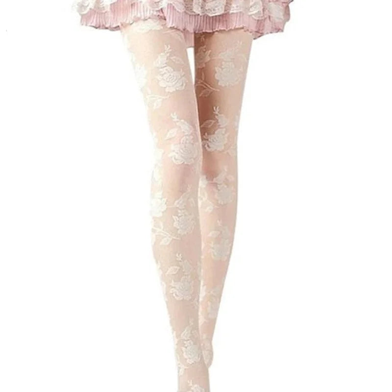 Blanc Collants femme à motif rose