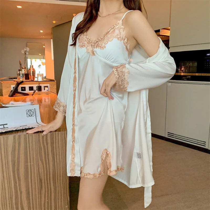 Blanc Ensemble Pyjama avec Kimono Sensuel