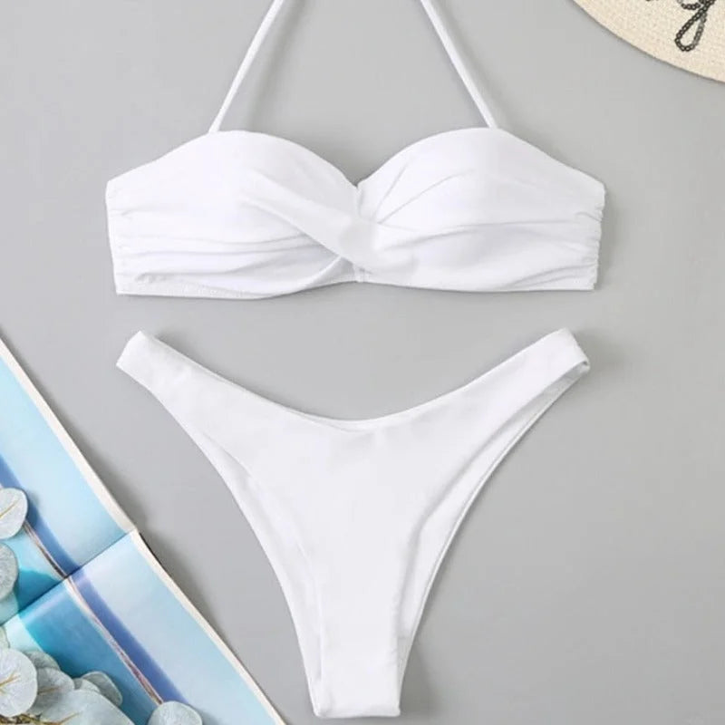 Blanc Maillot de bain deux pièces bikini noué dans le cou