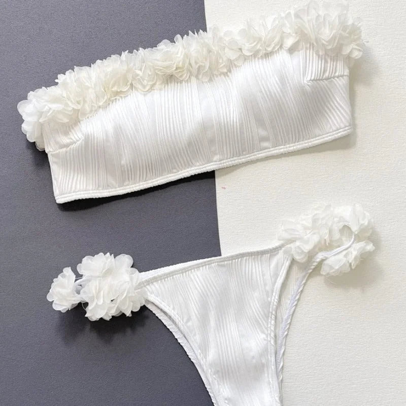 Blanc Maillot de bain deux pièces bikini texturé à fleurs ornées