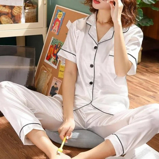 Blanc Pyjama Classique à Manches Courtes pour Femme