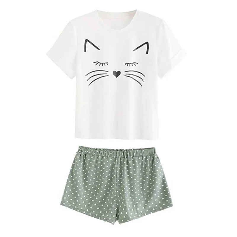 Blanc Pyjama Femme - Avec un Motif de Chat