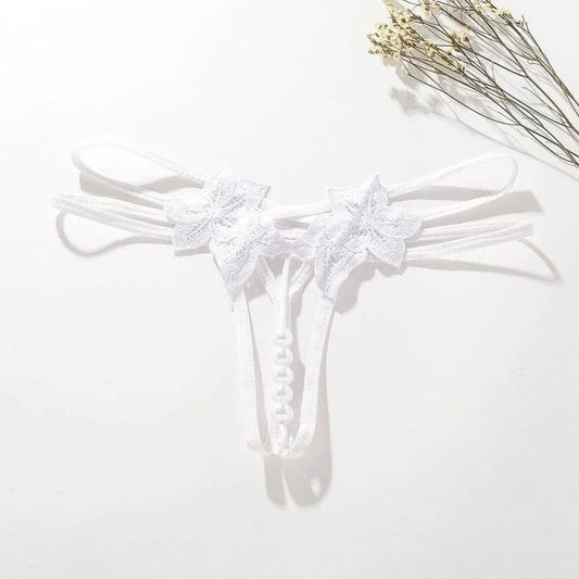 Blanc String Sexy en Dentelle - Motif Fleuri et Perles