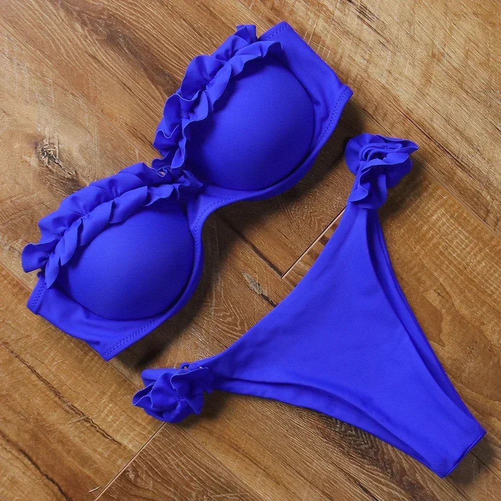 Bleu Bikini deux pièces avec volant décoratif