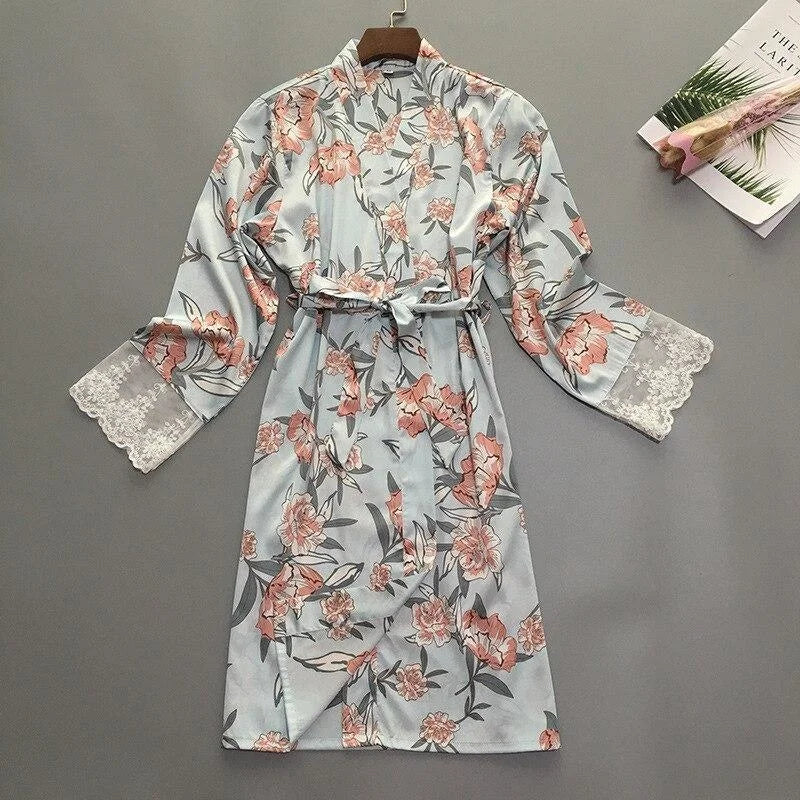 Bleu Kimono Femme - Déshabillé Fleuri avec Dentelle